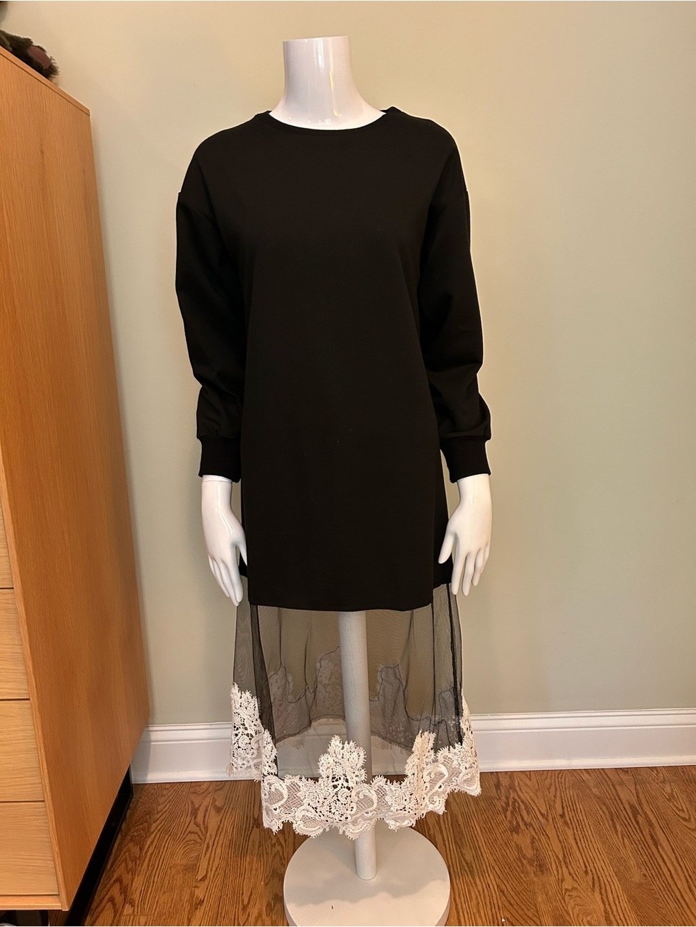 Black Midi Dress with Lace Hem